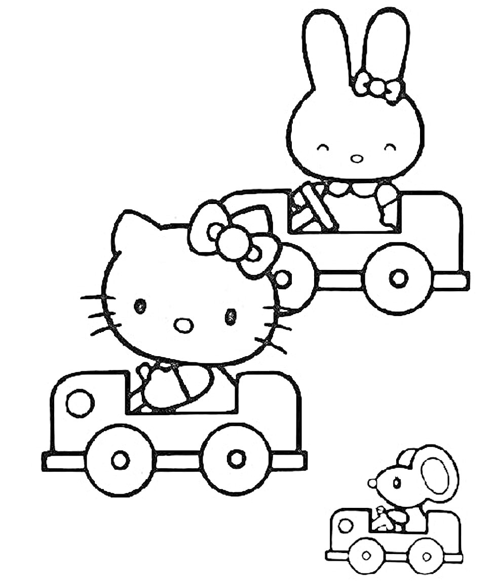 На раскраске изображено: Китти, Заяц, Игрушки, Для детей, Животные, Мышь, Авто