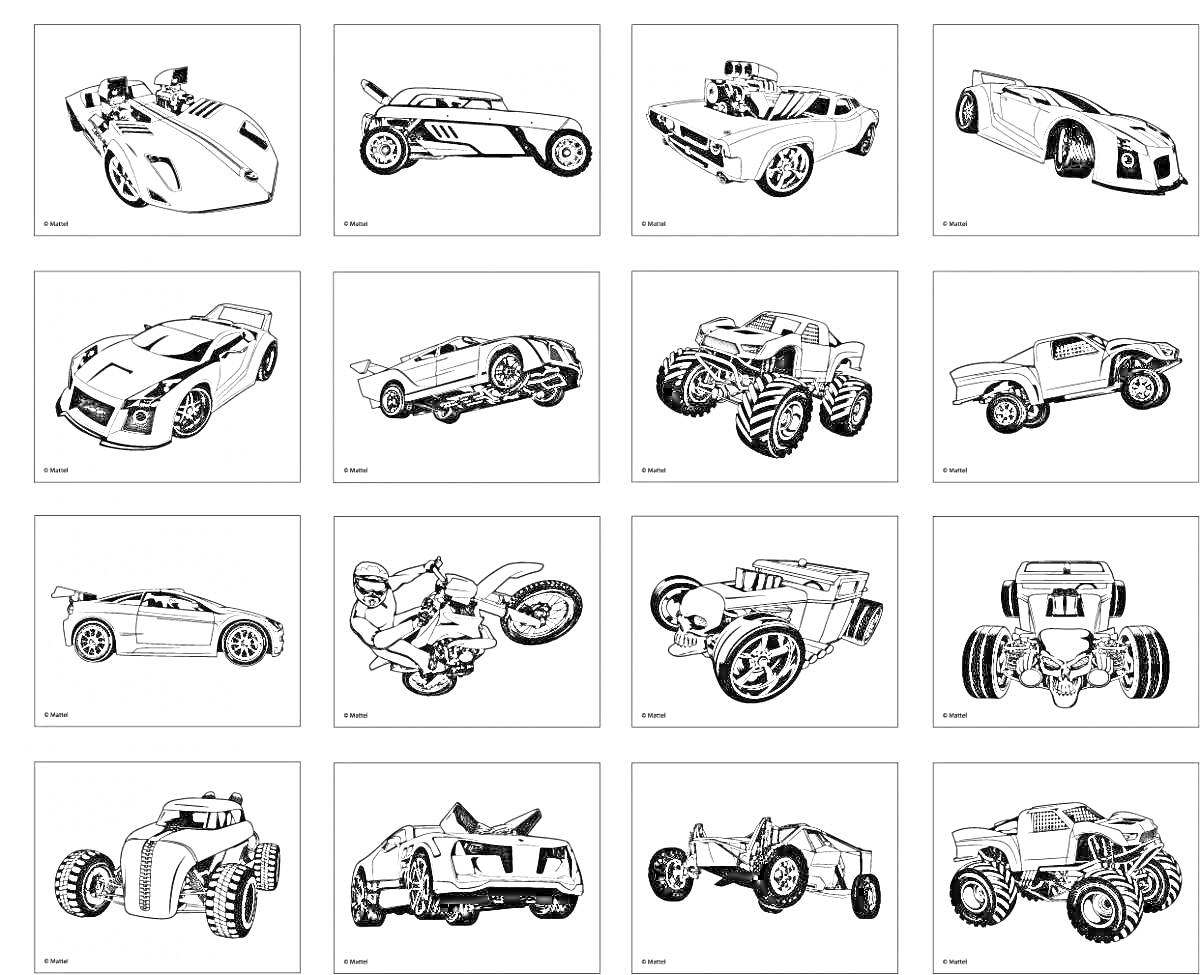 Раскраска Раскраска с машинками и мотоциклами, 16 картинок в квадратах, различные виды автомобилей и мототехники