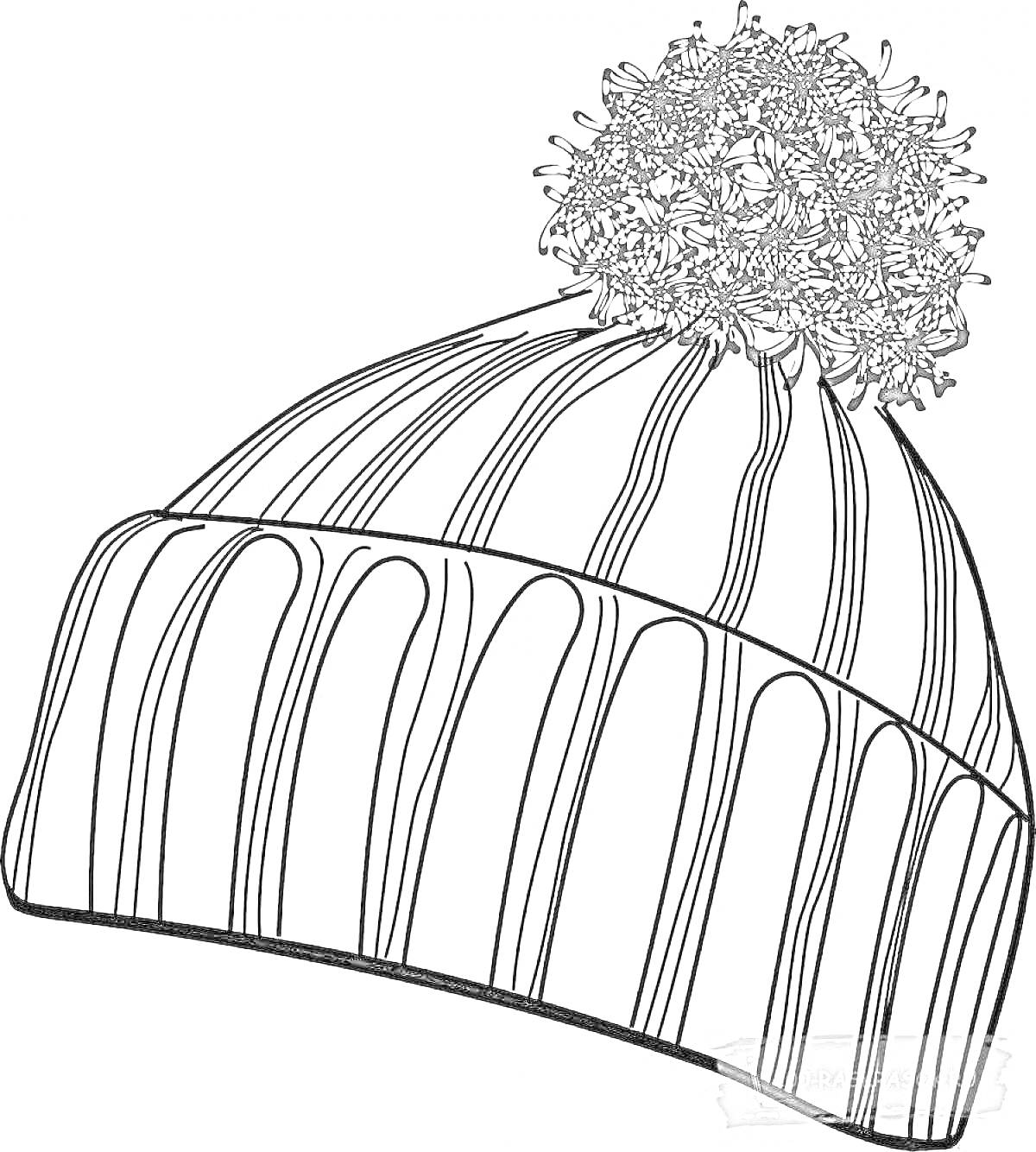 На раскраске изображено: Шапка, Одежда, Зима, Теплый аксессуар, Для детей, Помпоны