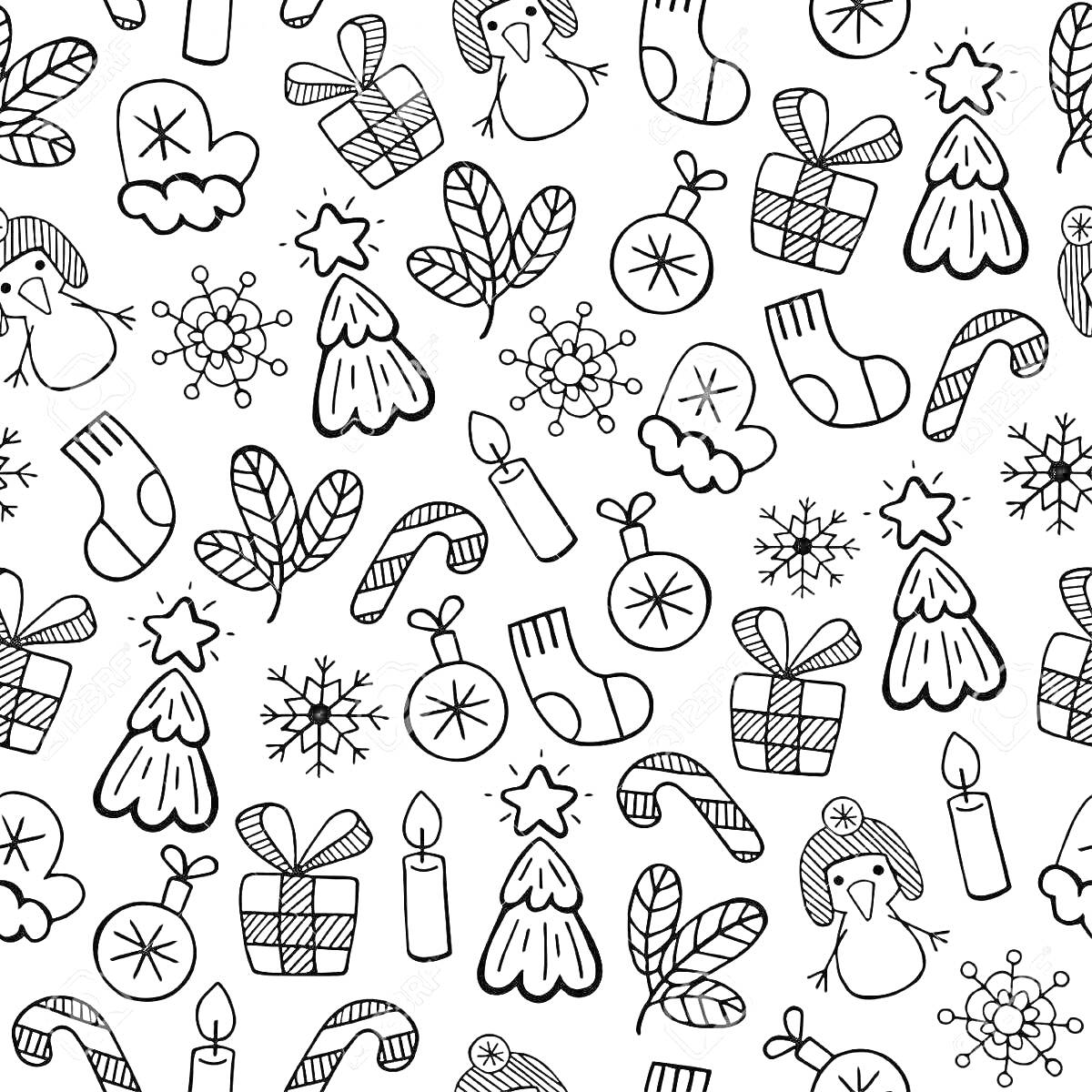 Раскраска новогодние стикеры — варежки, подарки, елки, свечи, пингвины, носки, конфеты, снежинки, рождественские пряники, шапки