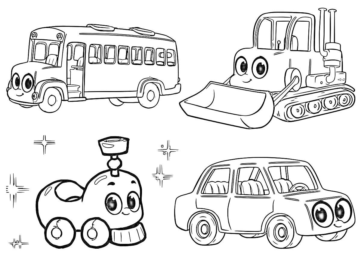Раскраска Школьный автобус, бульдозер, игрушечная машинка с кисточкой и легковой автомобиль