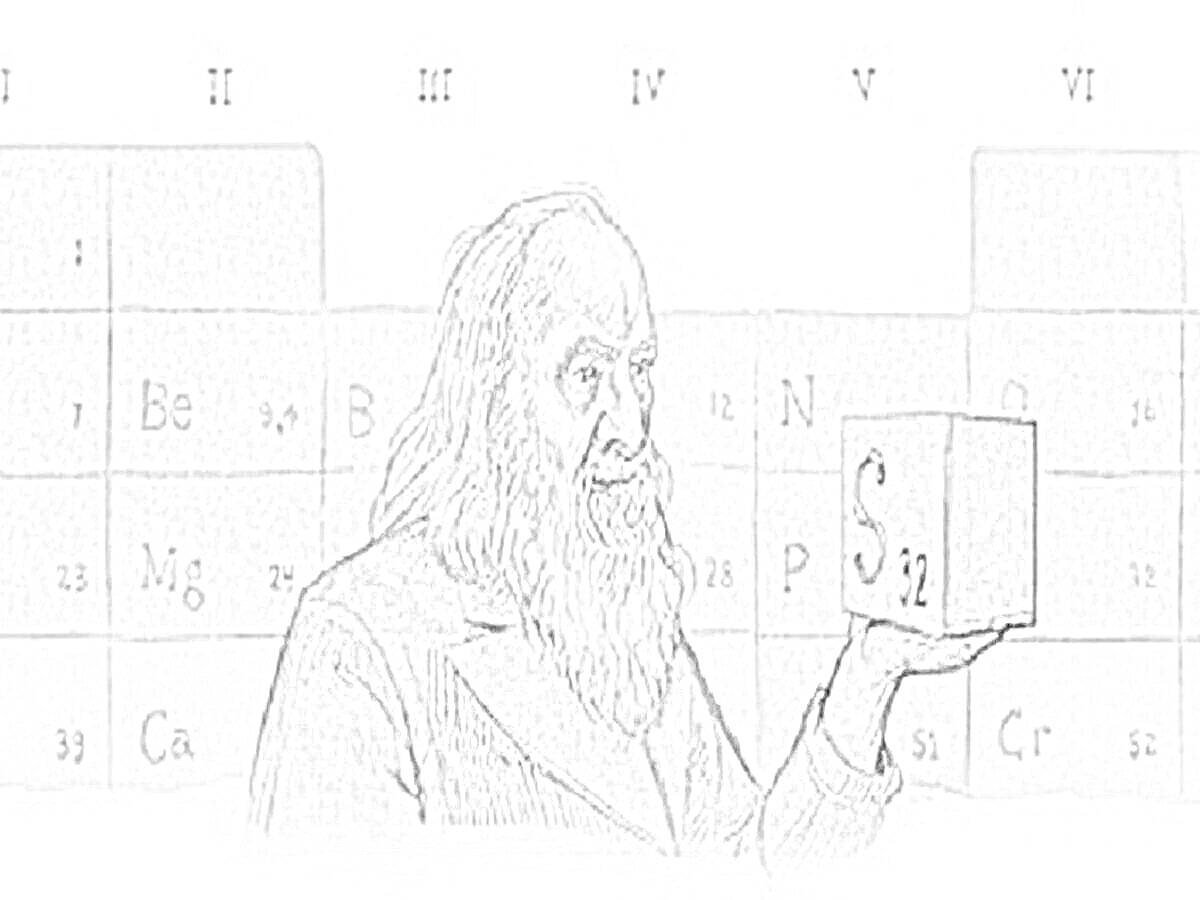 Раскраска Д. И. Менделеев перед периодической таблицей
