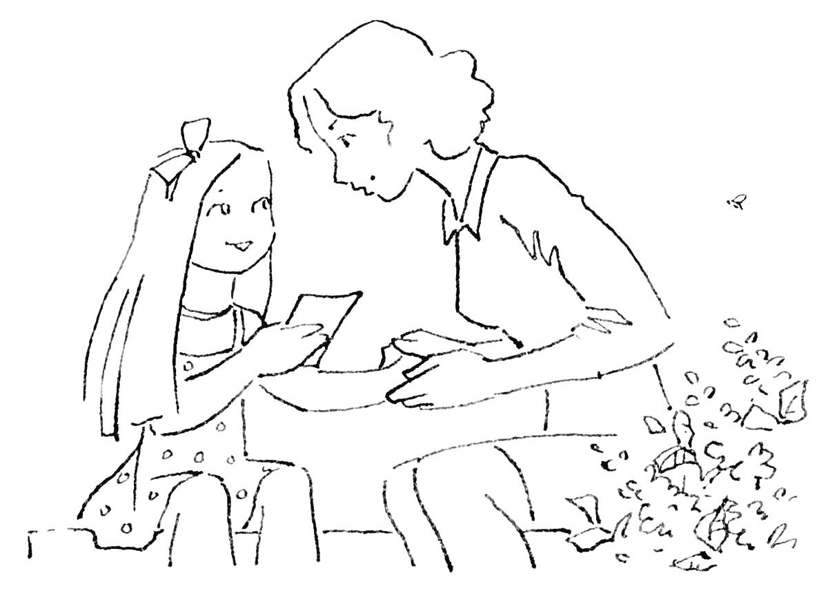 Мама с дочкой читают письмо и сидят на скамейке, рядом кусочки бумаги
