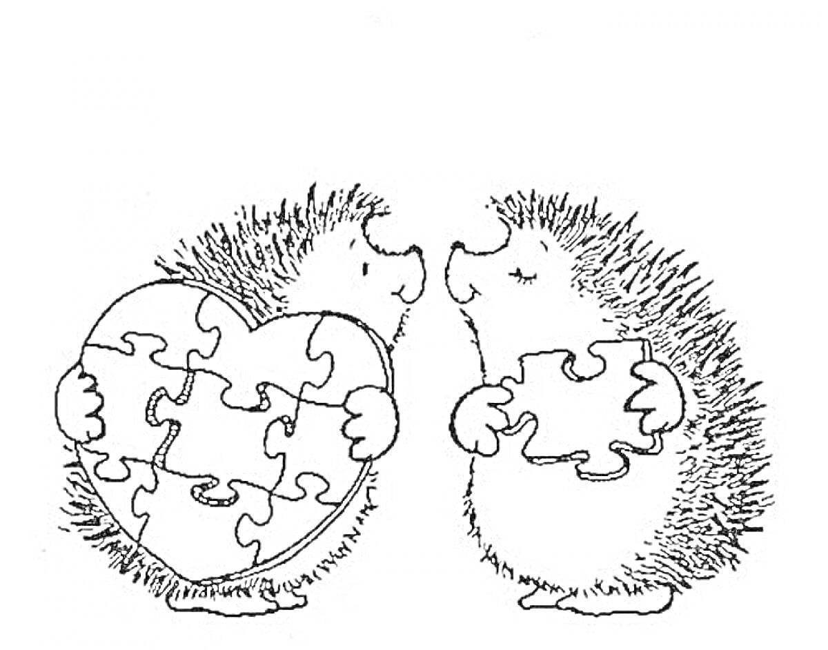 Раскраска Два милых ежика с пазлами в виде сердца