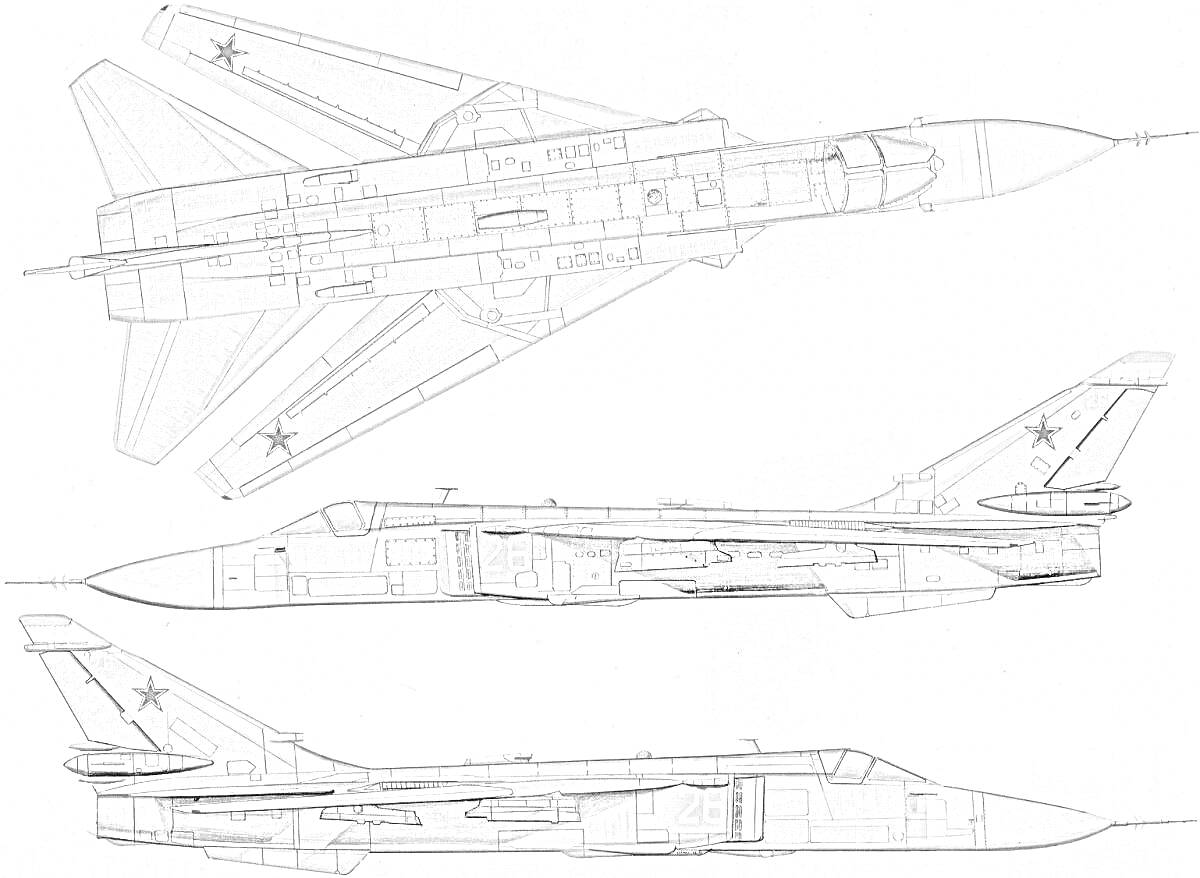 Раскраска Самолет Су-24, вид сверху, вид сбоку слева, вид сбоку справа
