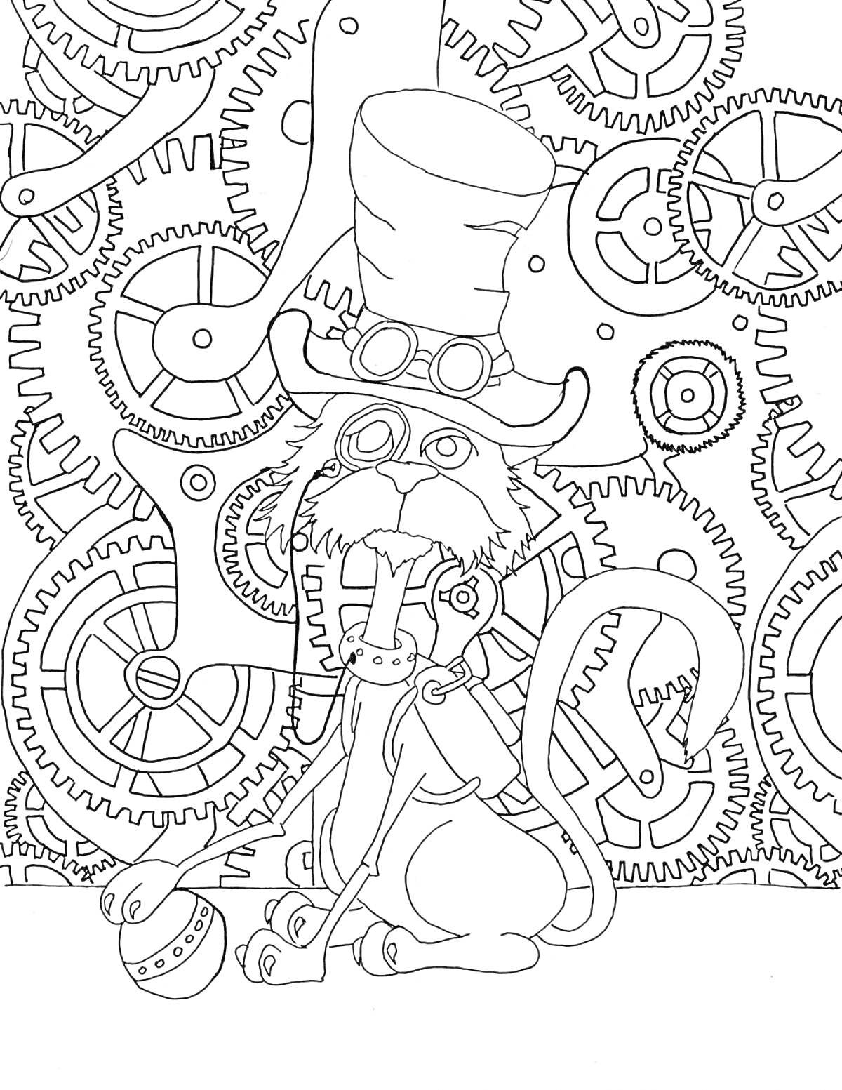 Раскраска Кошка в шляпе-буденовке на фоне механических шестеренок