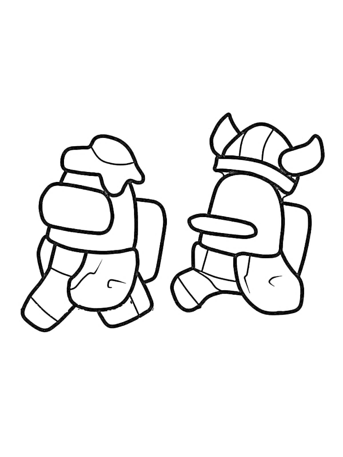 Раскраска Два персонажа из игры Амонг Ас, один в шляпе и другой в шлеме викинга