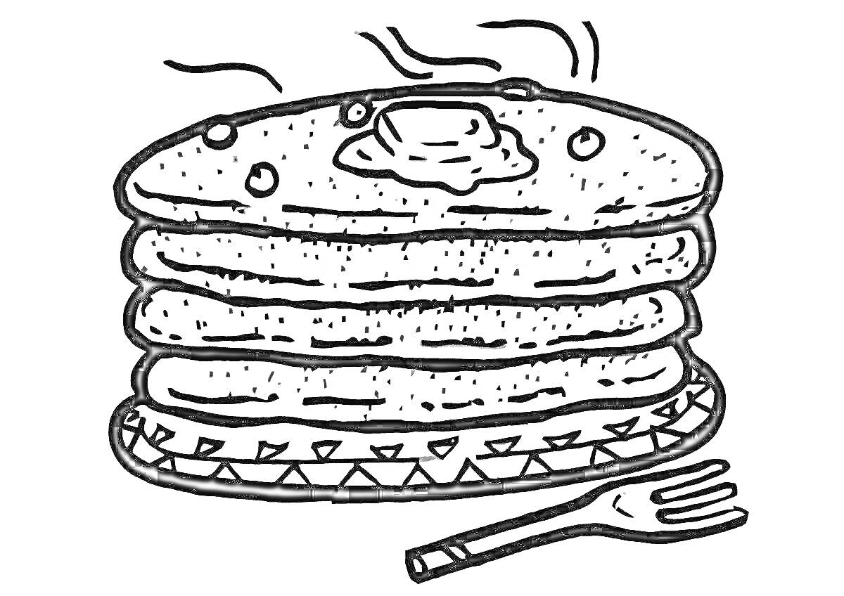Раскраска Куча блинов с маслом на тарелке и вилка