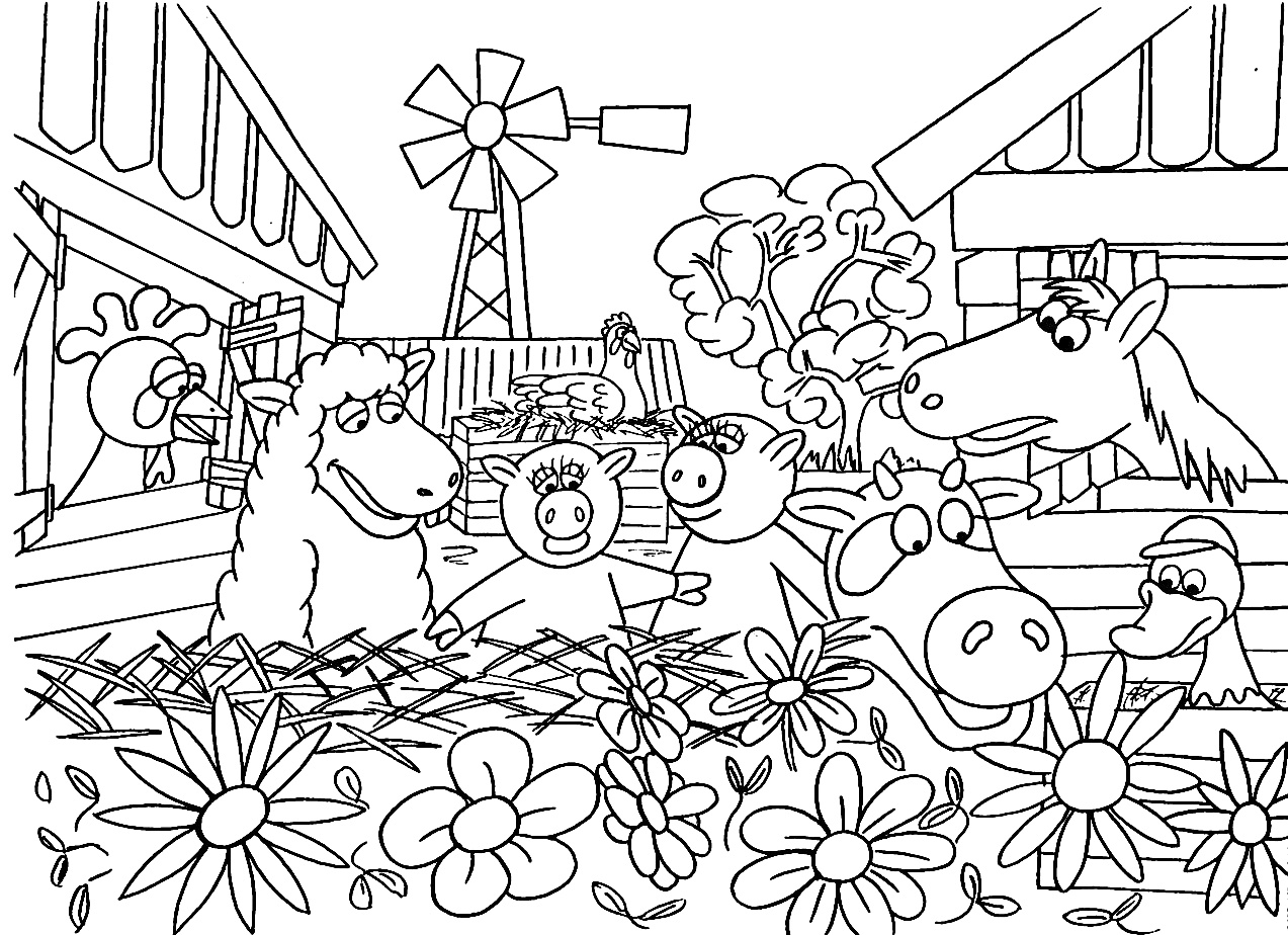Раскраска Сцена на ферме с животными (лошадь, корова, овца, свинья, петух, утка, гусь) и мельницей на фоне, окруженными цветами и амбарами