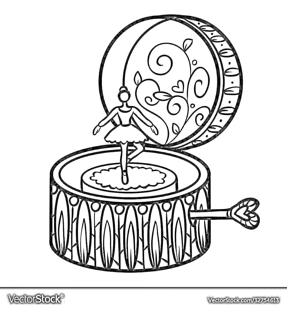 На раскраске изображено: Музыкальная шкатулка, Балерина, Узоры, Танцовщица