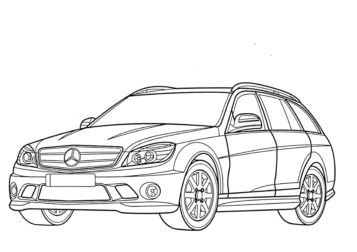Раскраска Легковой автомобиль с эмблемой Mercedes-Benz, фары, колеса, зеркала, окна