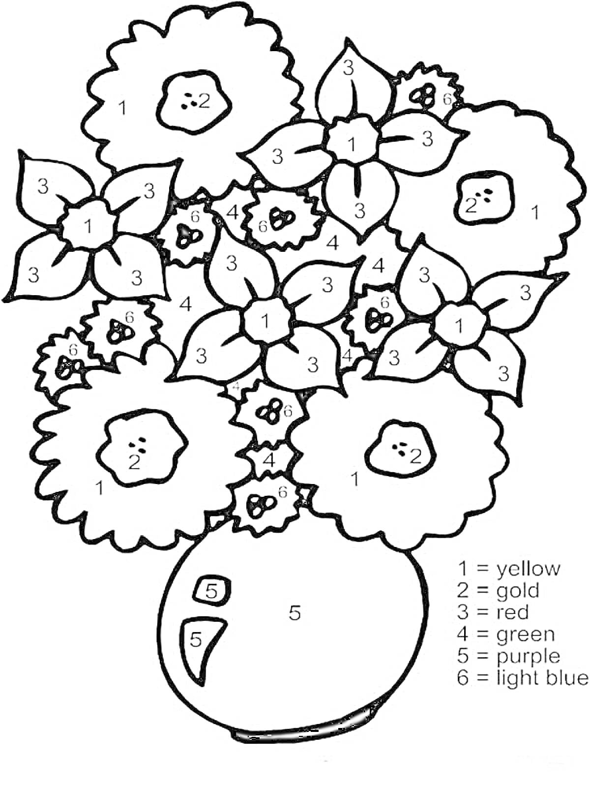 На раскраске изображено: По цифрам, Цветы, Ваза, Желтый, Зеленый, Голубой