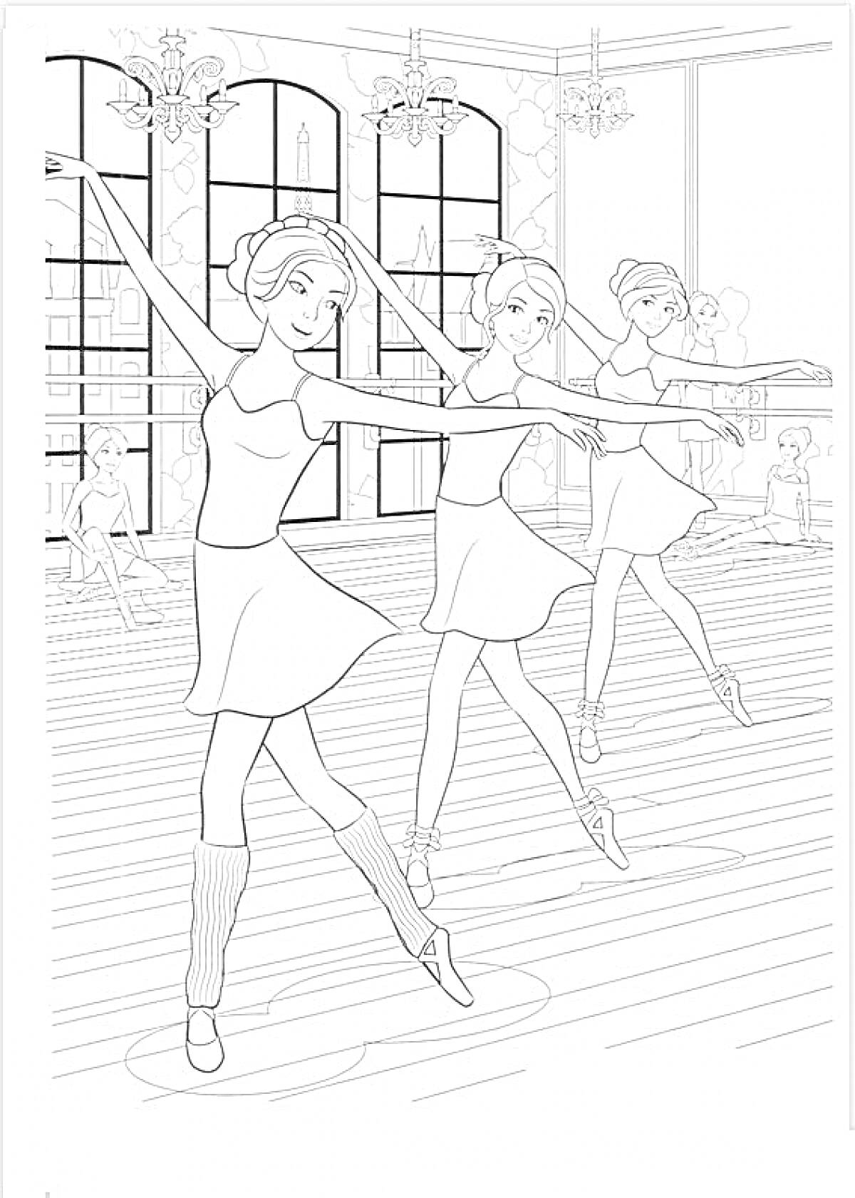 Балетный зал с тремя танцующими балеринами, окнами, люстрами и зеркалами
