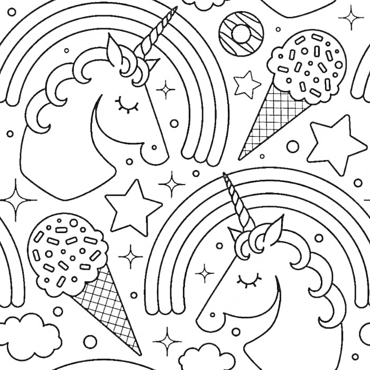 На раскраске изображено: Мороженое, Звезды, Облака, Из сказок, Фэнтези, Для детей, Единороги, Радуги