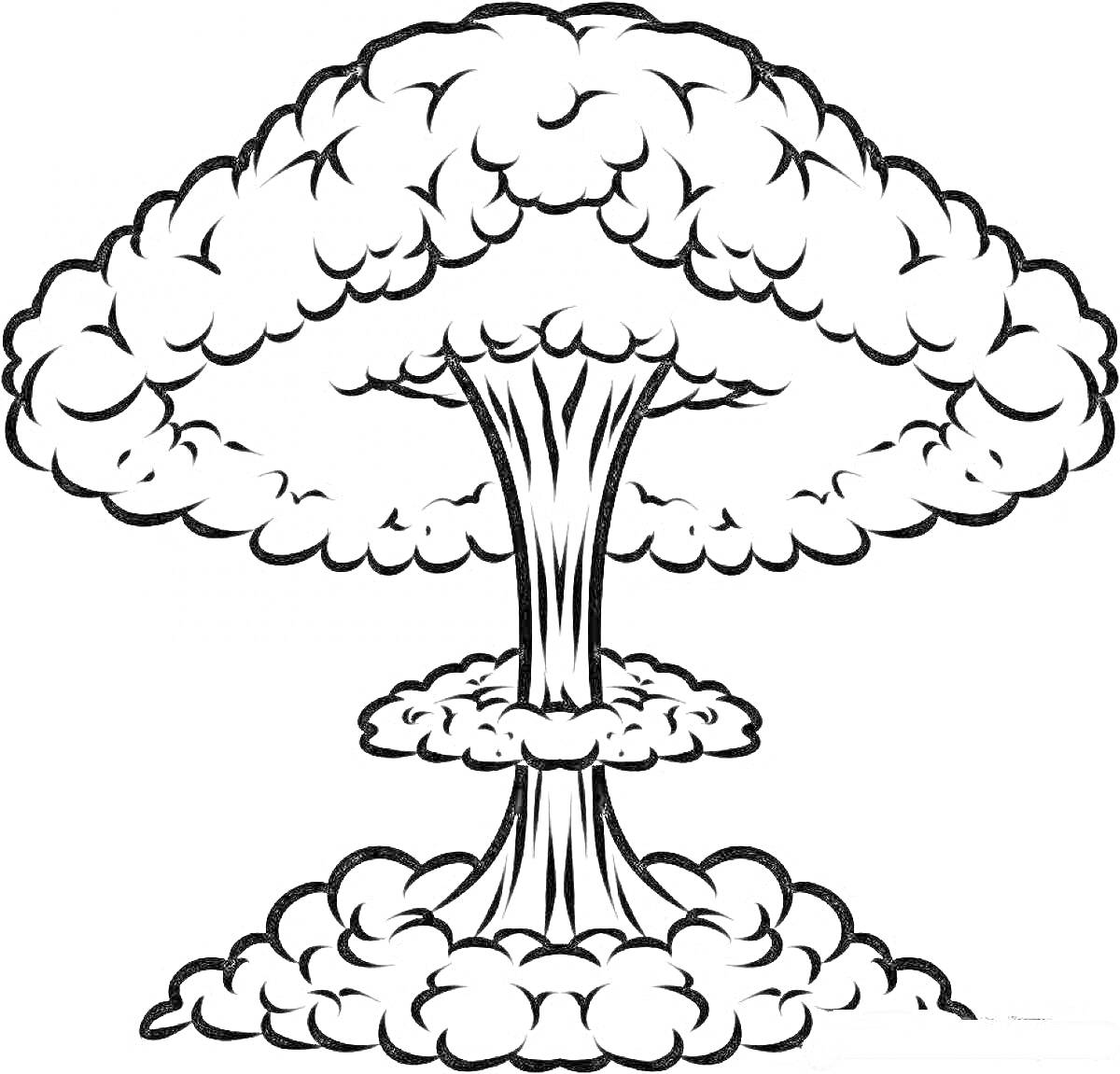 Раскраска Грибовидное облако ядерного взрыва с вихрями дыма у основания и большим облаком вверху