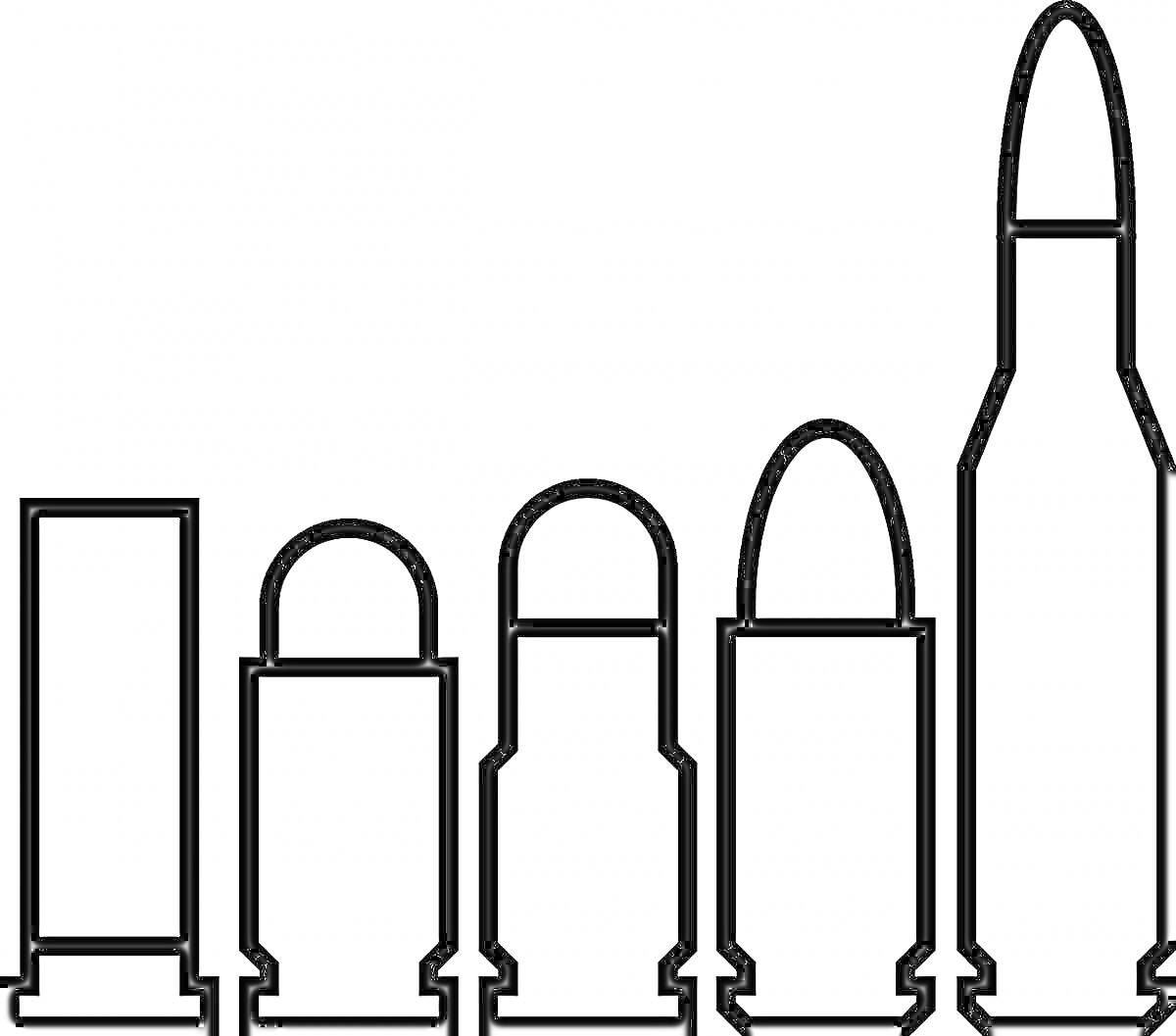 На раскраске изображено: Пули, Патроны, Оружие, Боеприпасы, Разные размеры