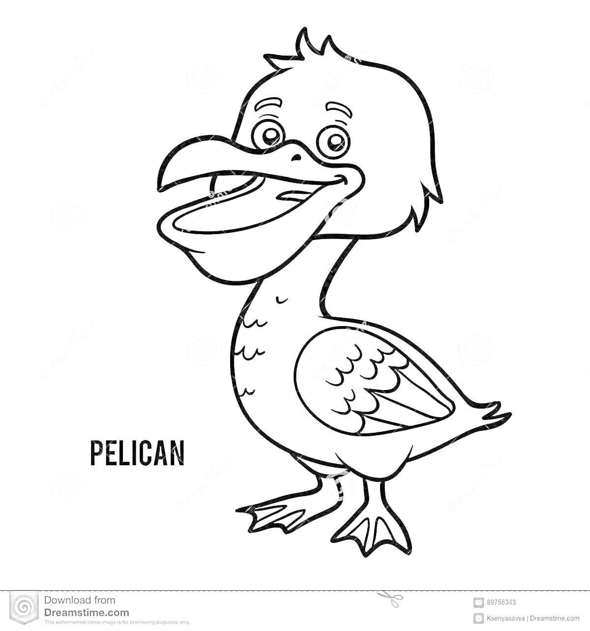 На раскраске изображено: Пеликан, Птица, Для детей, Открытый рот, Большие глаза