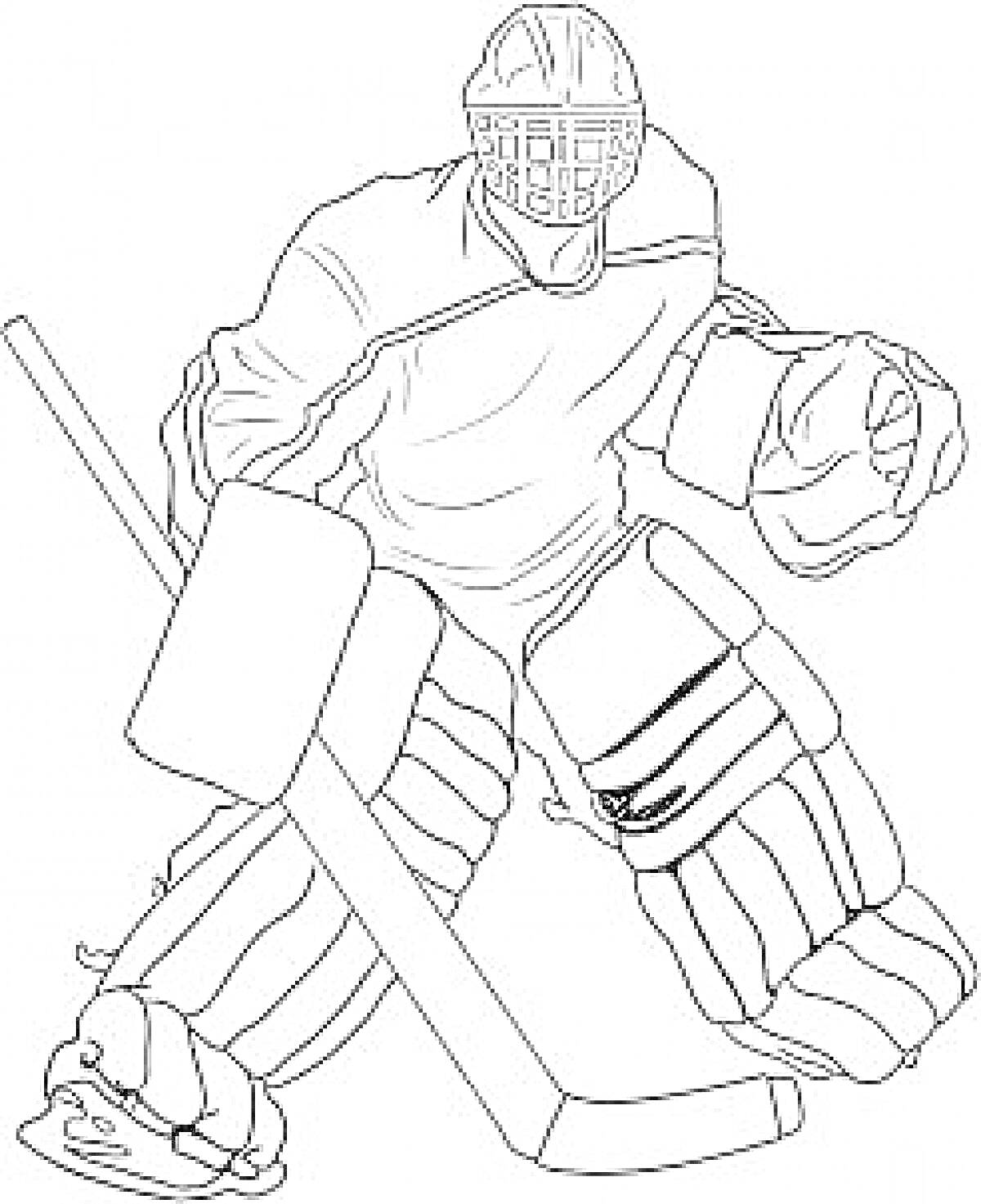 Раскраска Хоккеист в экипировке с клюшкой и вратарской маской