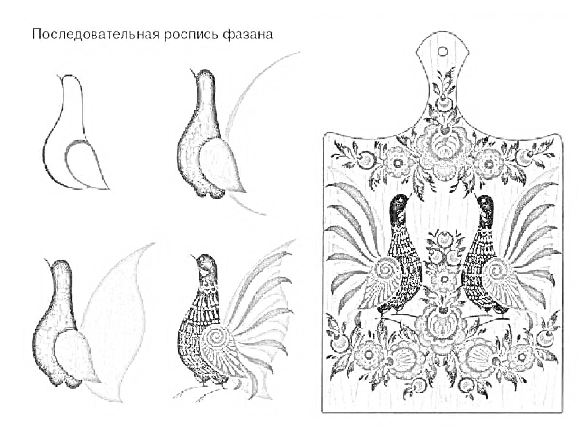 На раскраске изображено: Роспись, Фазан, Разделочная доска, Городецкая роспись, Старшая группа, Декоративное искусство, Народное творчество, Орнамент, Цветы