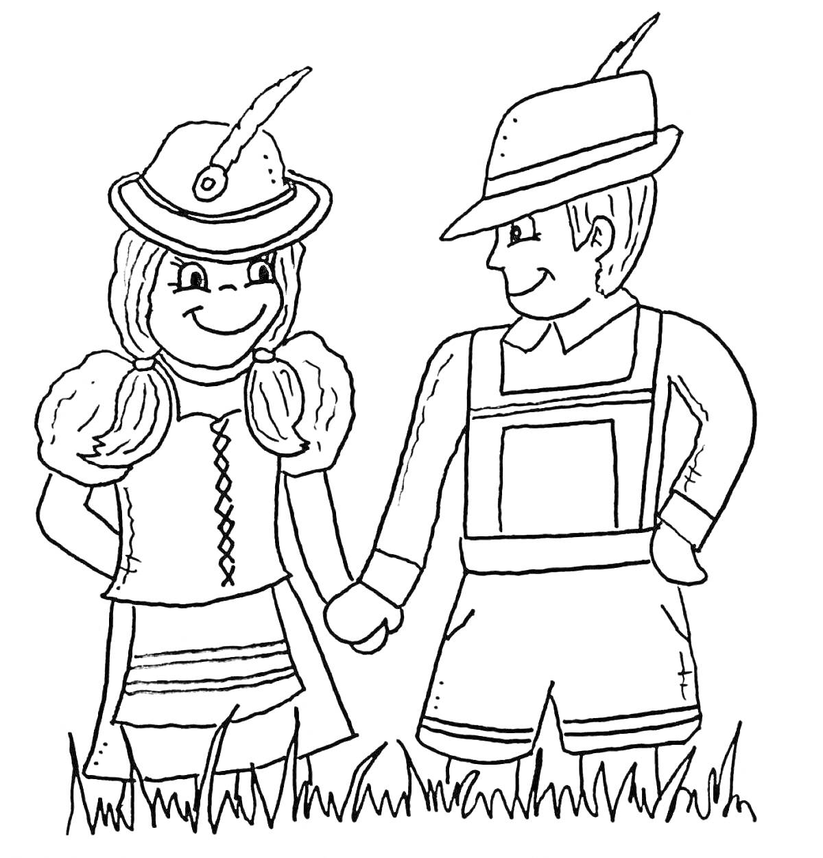 Раскраска Дети в национальных немецких костюмах (девочка и мальчик в традиционной одежде, стоящие на траве)