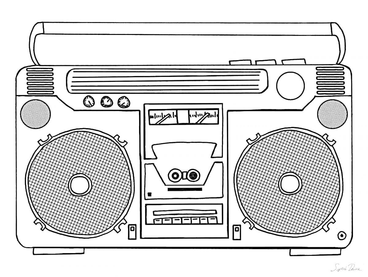 Радиоприёмник с двумя динамиками, кнопками управления и кассетным отсеком
