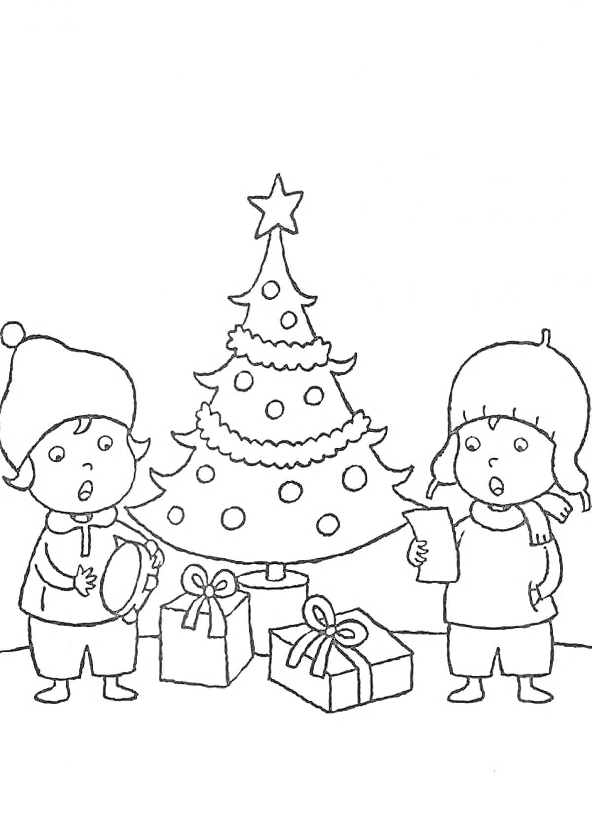На раскраске изображено: Новогодние каникулы, Рождественская елка, Подарки, Зима