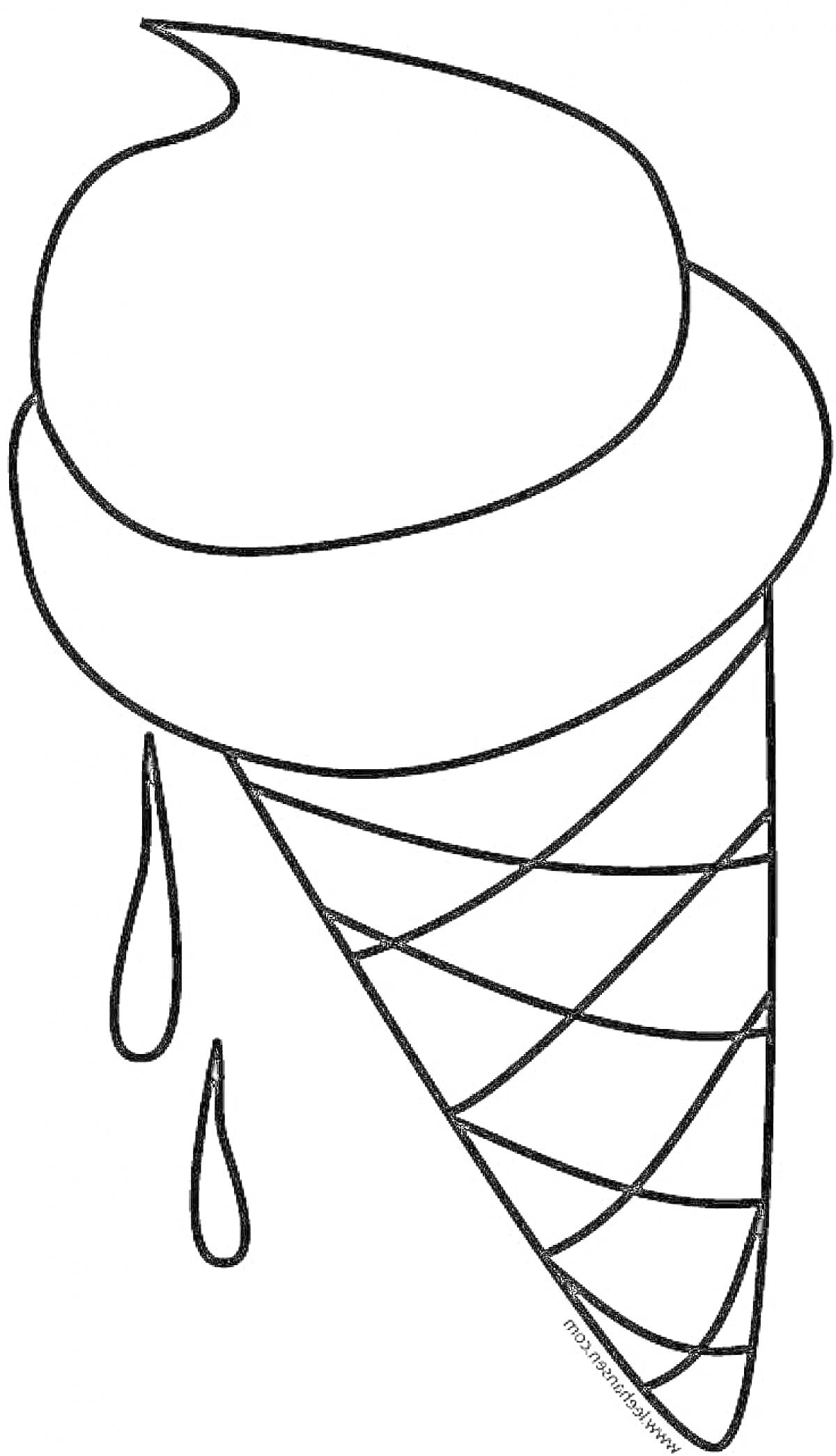 Раскраска мороженое в вафельном рожке с подтекающими каплями