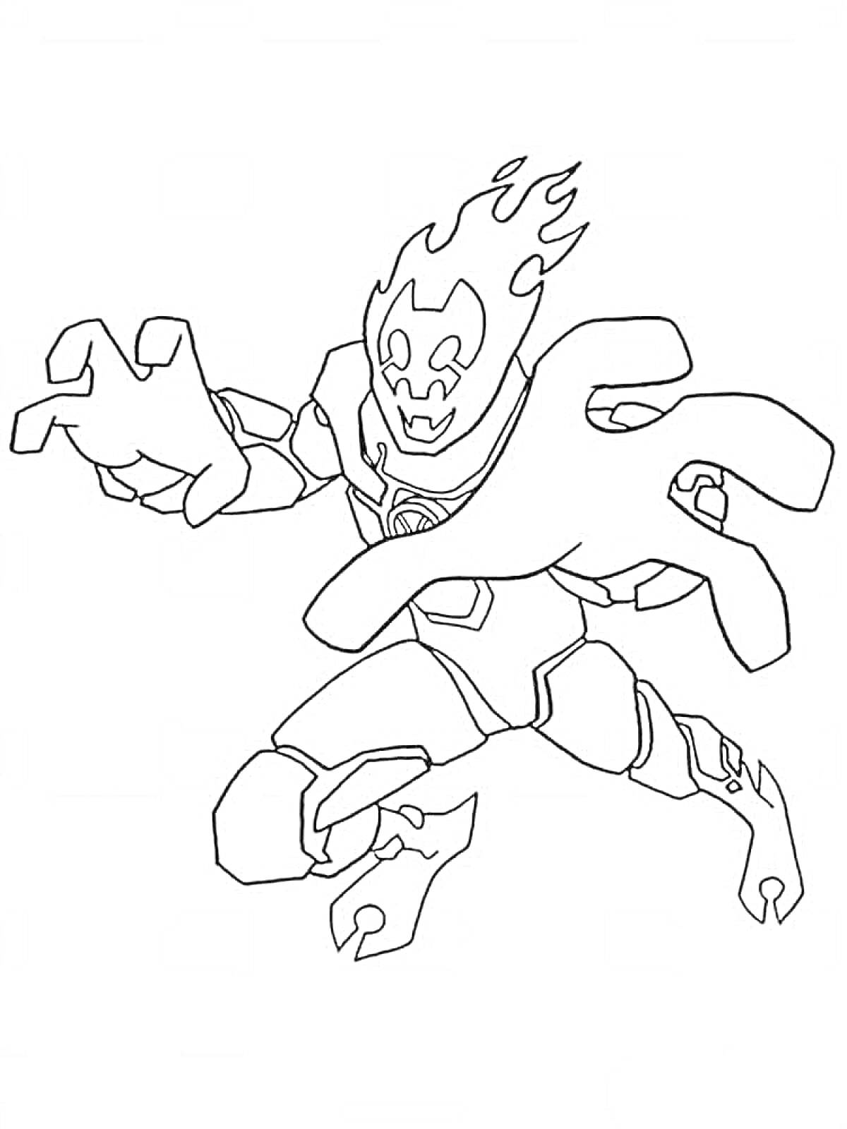 Раскраска Гуманоидный персонаж с пламенем на голове и в боевой стойке с вытянутыми руками