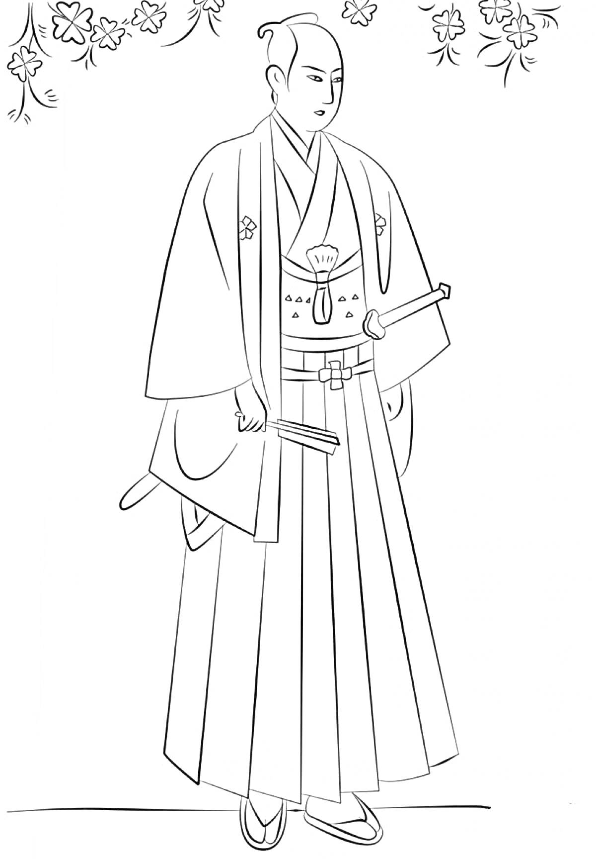 Раскраска Самурай в традиционной японской одежде с мечами на фоне сакуры