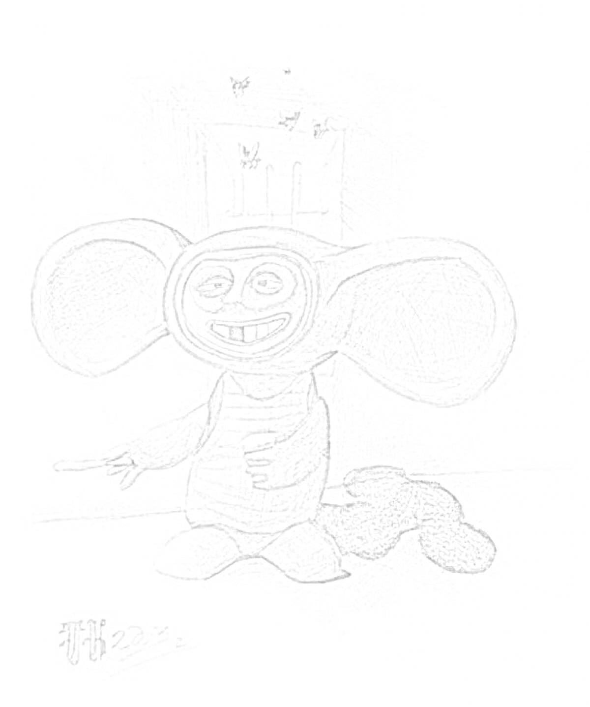 Раскраска Чебурашка с эскизами характеров на фоне, рисунок карандашом