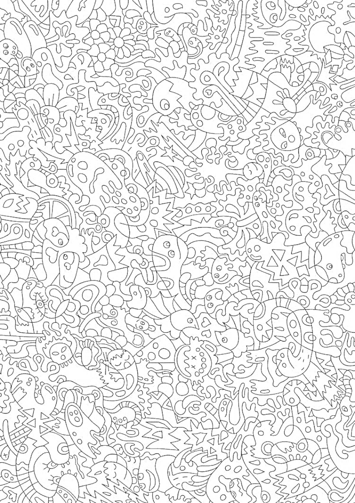 Раскраска Дудлы: животные, растения и абстрактные формы в хаотичном стиле
