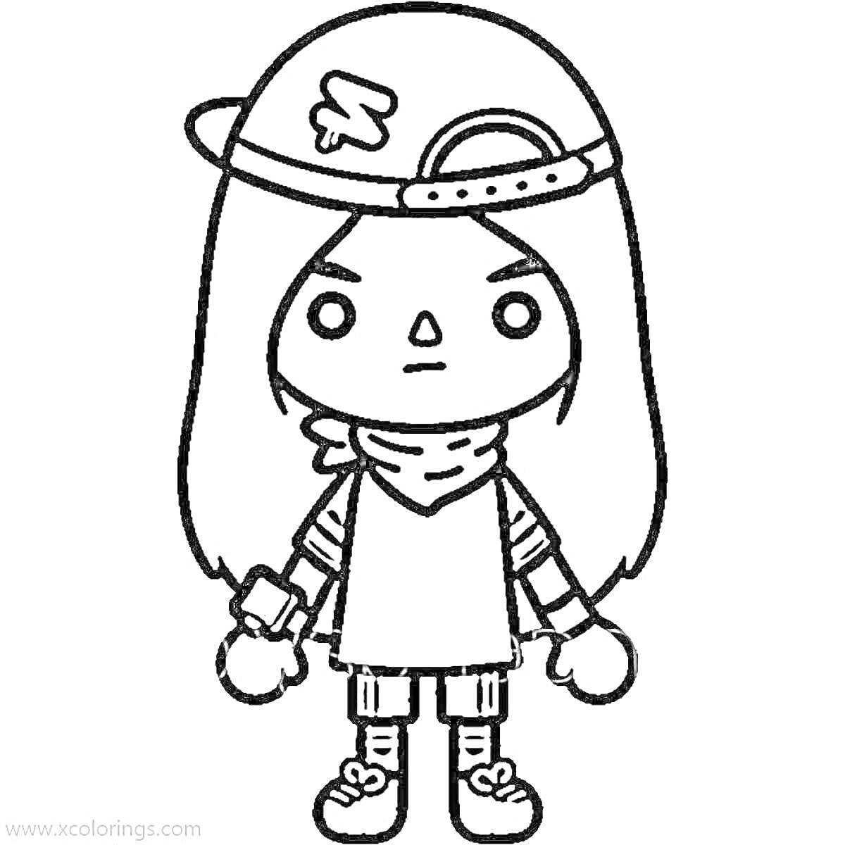 Раскраска Персонаж из Toca Boca в кепке, с длинными волосами, в бандане на шее, в футболке, шортах и кроссовках.