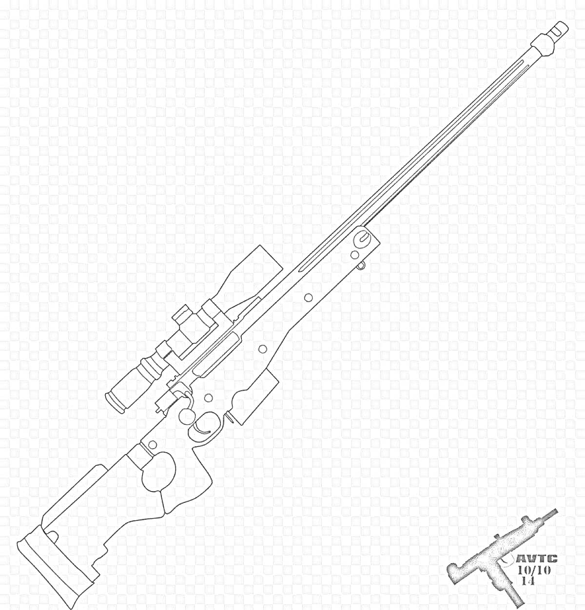 Раскраска Раскраска снайперская винтовка AWM с прицелом и оптическим обвесом