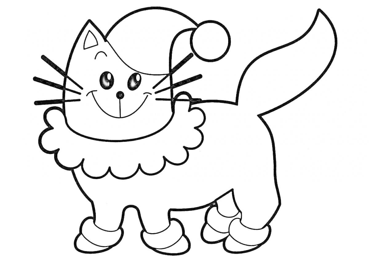 Раскраска Кошка в шапке с помпоном и воротником