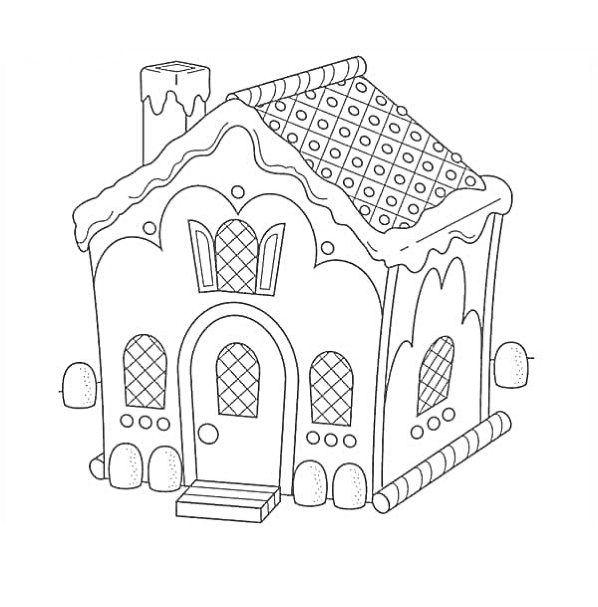Раскраска Пряничный домик со снежной крышей, дверьми и окнами в форме ромбов, округлым декором по периметру и трубой