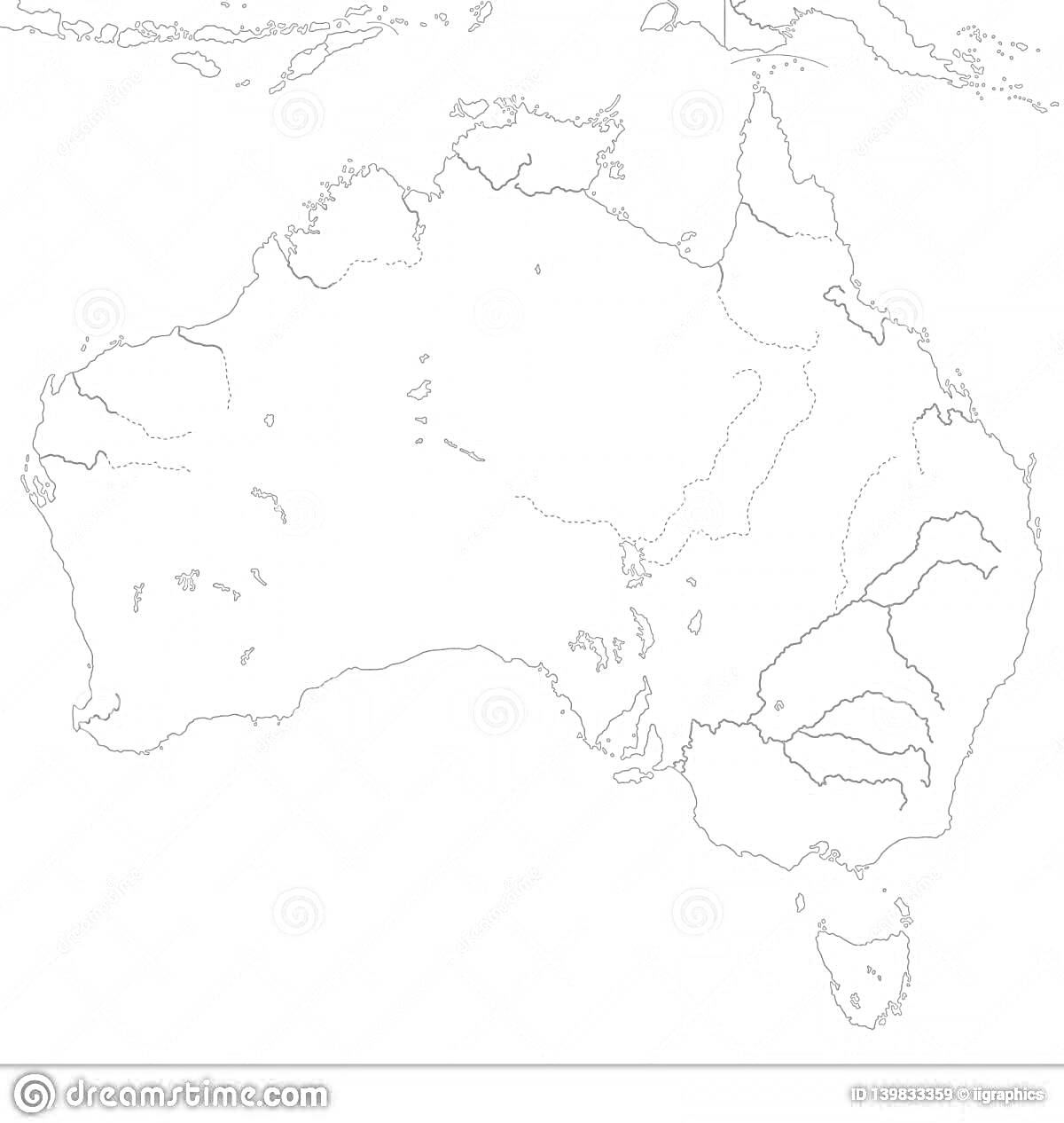Раскраска Раскраска с картой Австралии, с нанесёнными реками и озёрами на материке и острове Тасмания