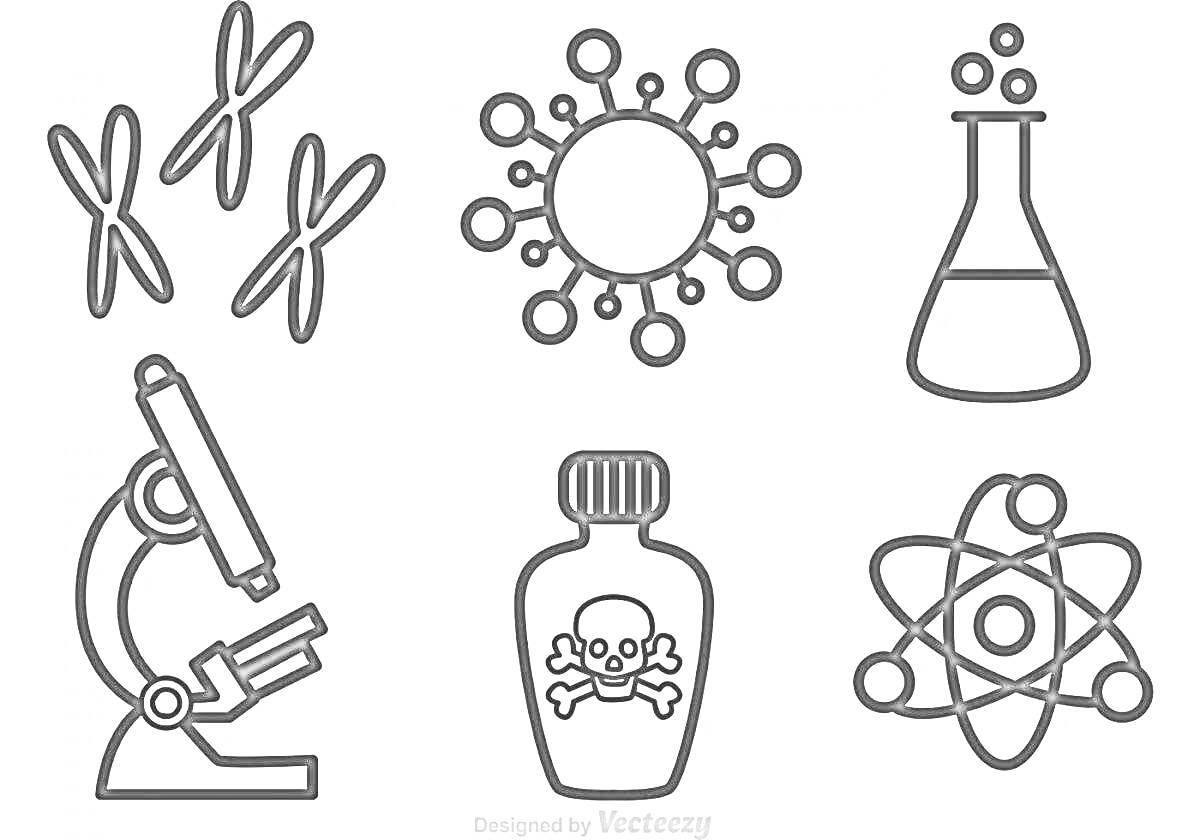 На раскраске изображено: Химия, Микроскоп, Колба, Вирус, Зелье, Бутылка, Для детей