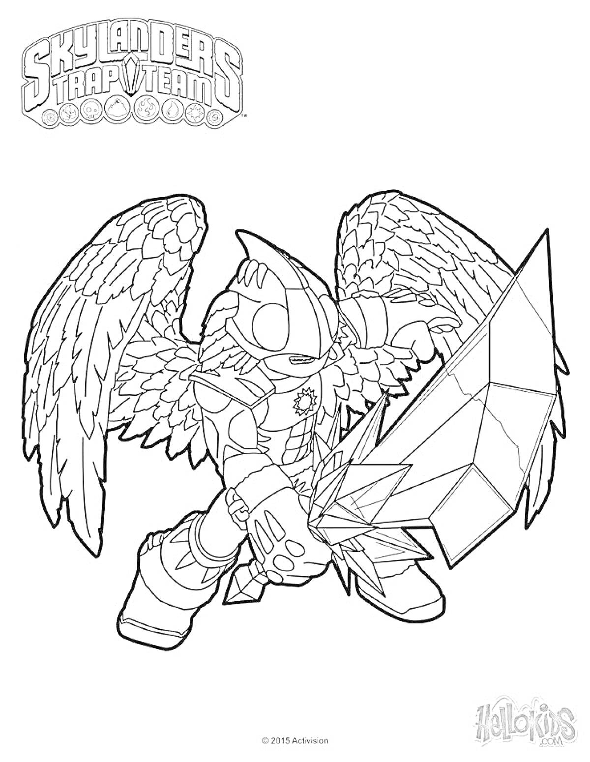 Раскраска Раскраска Skylanders Trap Team с персонажем в доспехах и крыльями с гигантским мечом