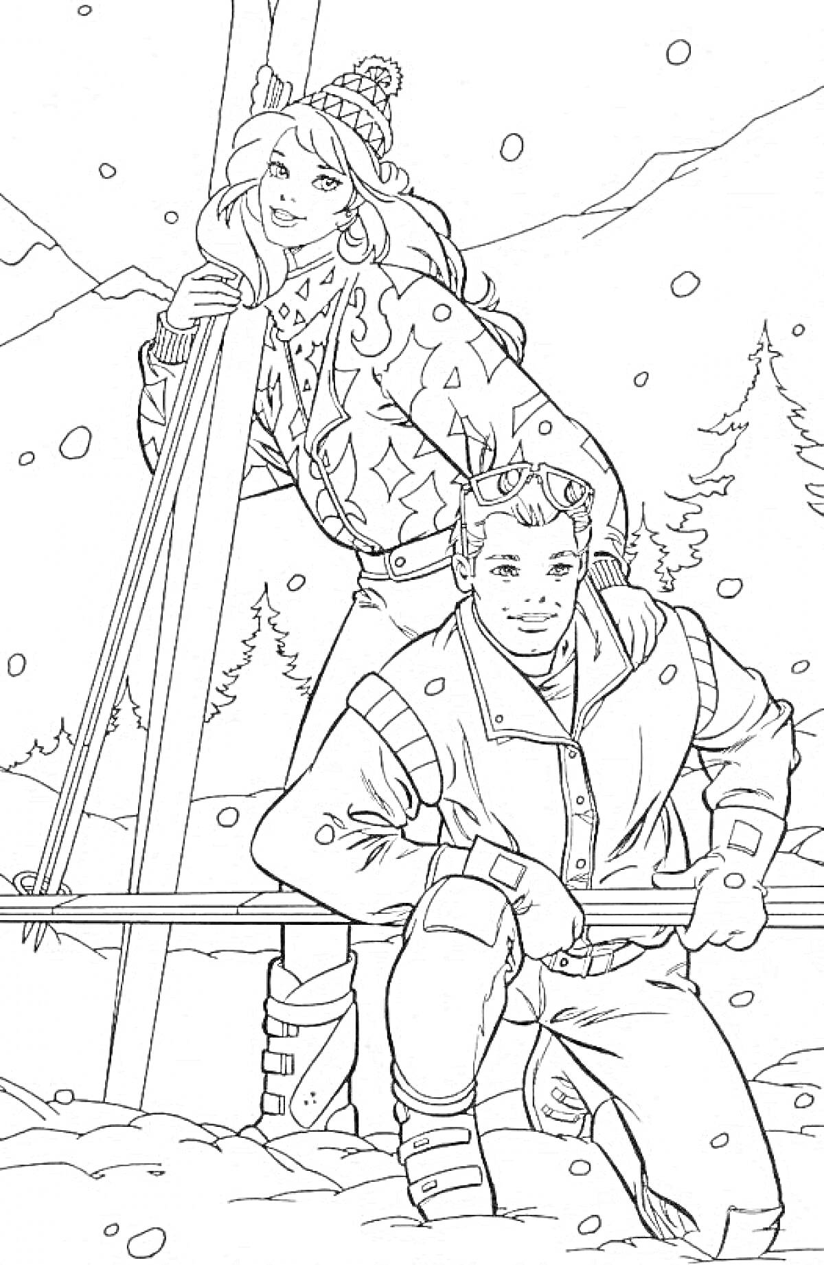 Раскраска Барби и Кен на лыжах в горах