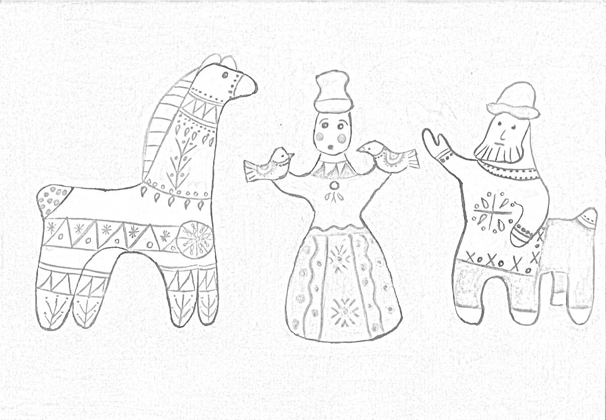 На раскраске изображено: Глиняная игрушка, Барышня, Мужчина, Шляпа, Русский фольклор, Народное искусство