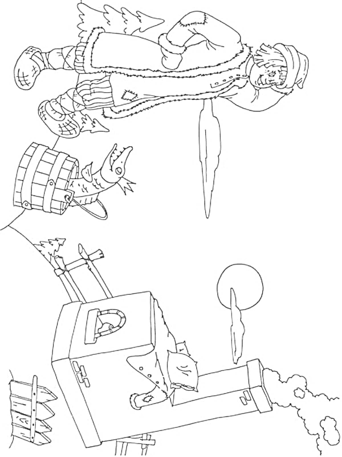 На раскраске изображено: Емеля, Рыба, Зима, Дым, Труба, Забор, Деревья, Луна, Природа