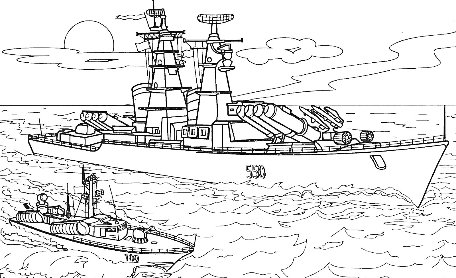 На раскраске изображено: Военный корабль, Море, Солнце, Облака, Морской пейзаж