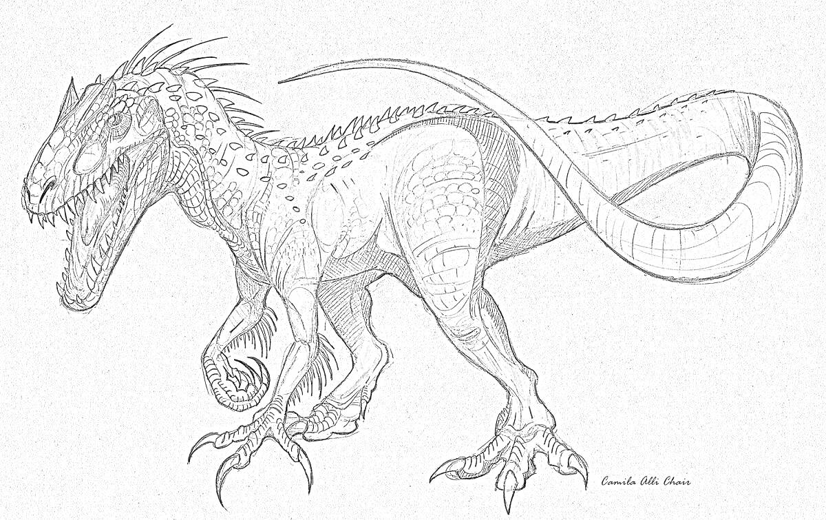 На раскраске изображено: Индораптор, Динозавр, Шипы, Хвост, Пасть, Зубы