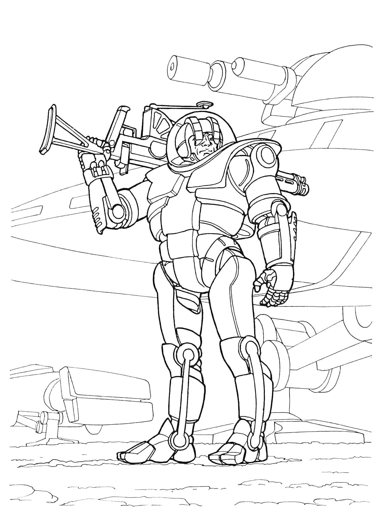 На раскраске изображено: Робот, Космический корабль, Оружие, Техника, Будущее