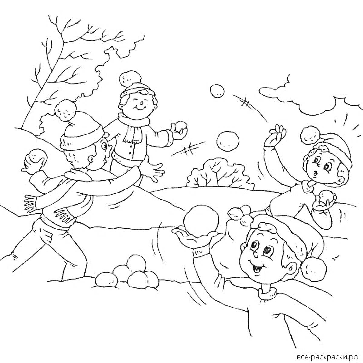 На раскраске изображено: Зимние забавы, Снежки, Зима, Игра, Теплая одежда, Деревья, Снег, Для детей, Шапка, Варежка