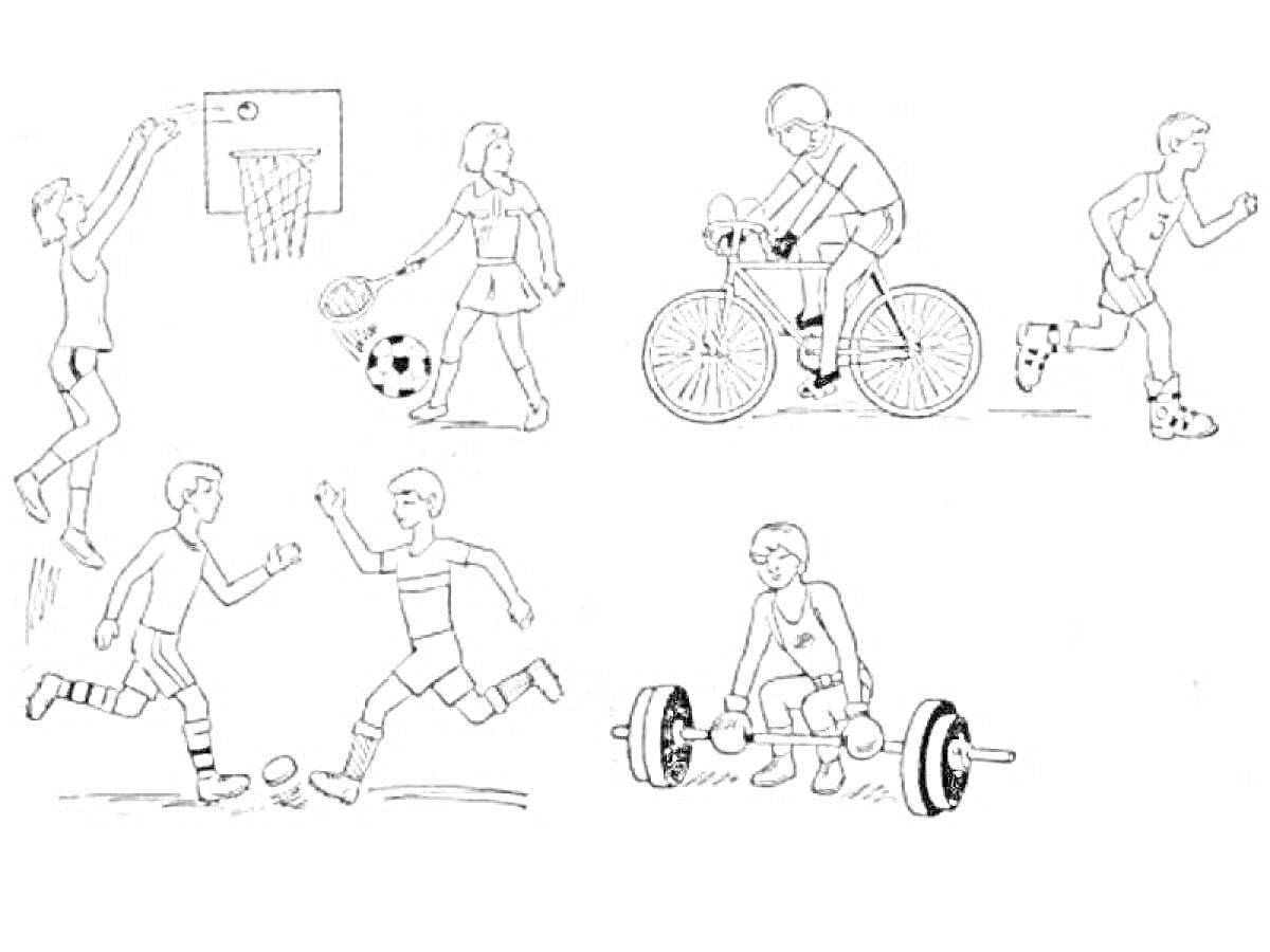 На раскраске изображено: Спорт, Баскетбол, Теннис, Бег, Футбол, Тяжёлая атлетика, Физкультура, Упражнения, Активность