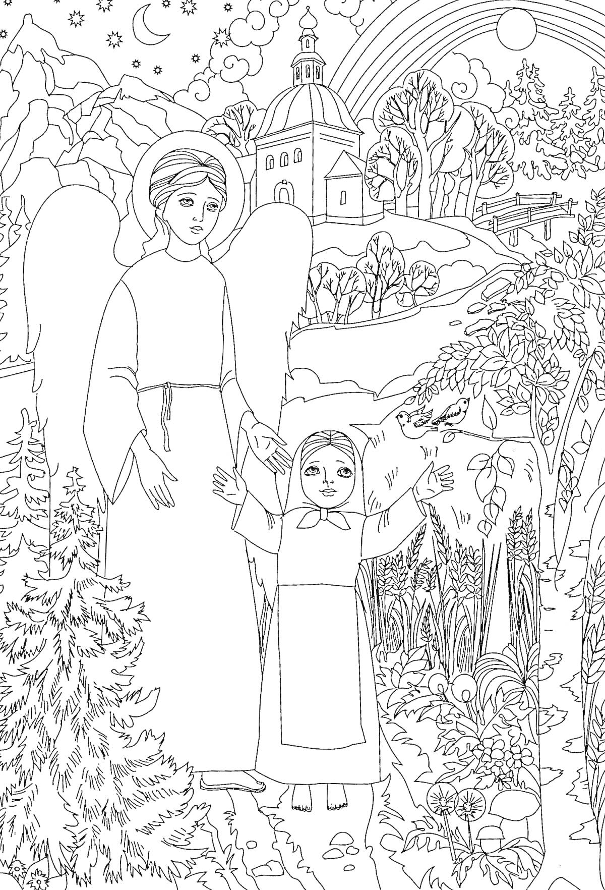 РаскраскаАнгел и ребенок рядом с церковью в природе