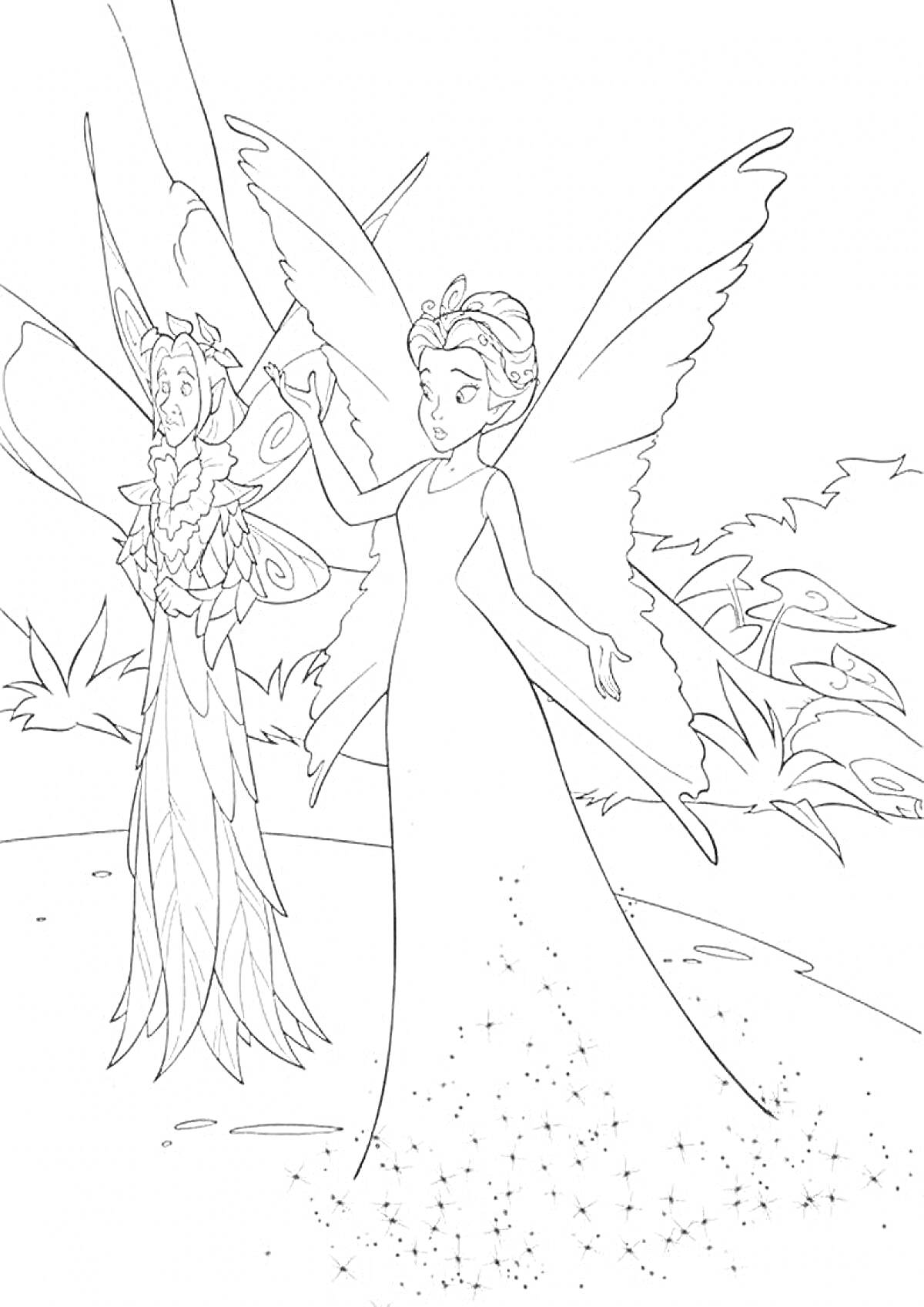 Раскраска Зимняя фея в лесу с другой волшебной феей с крыльями