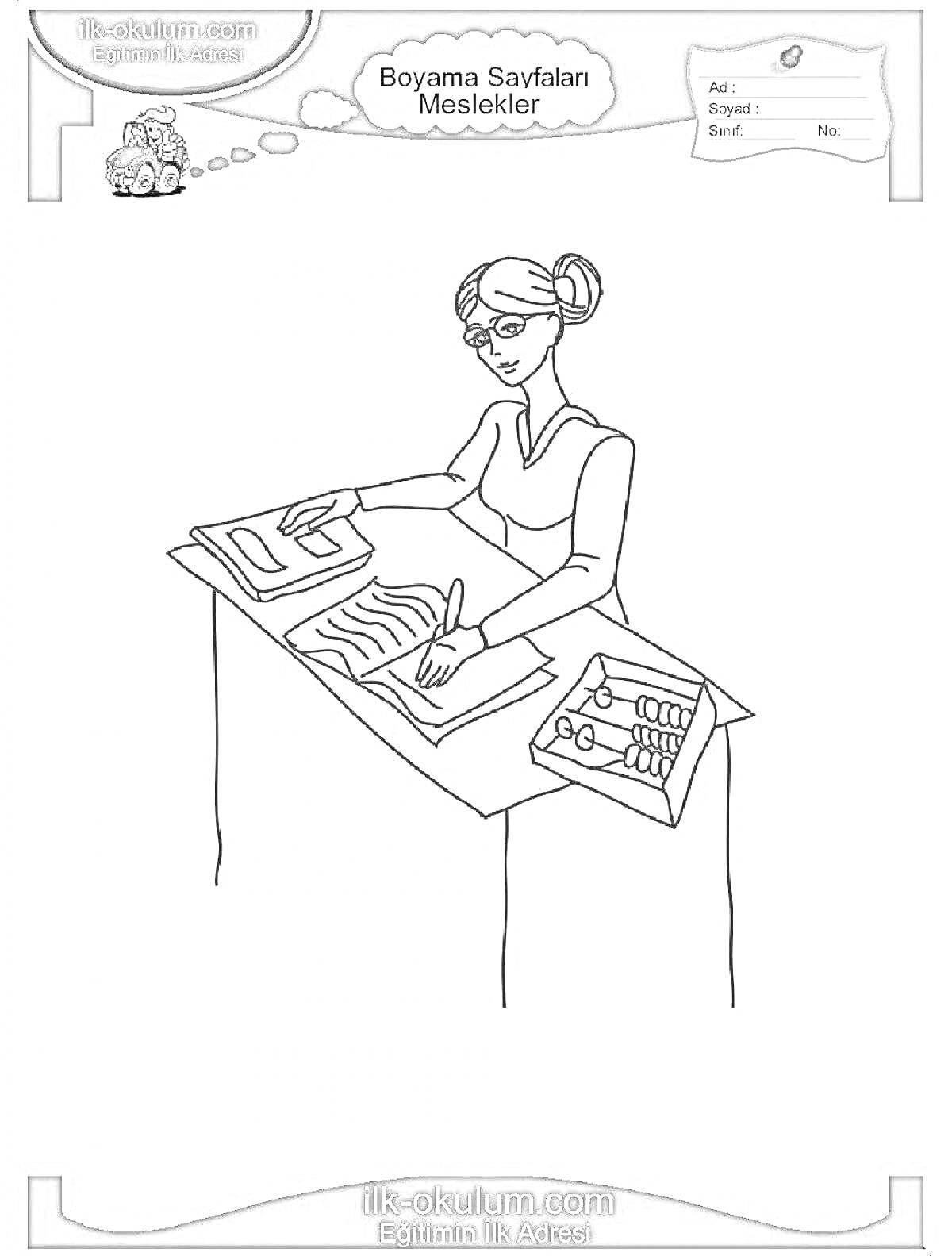 На раскраске изображено: Рабочий стол, Документы, Телефон, Счеты, Офис, Работа