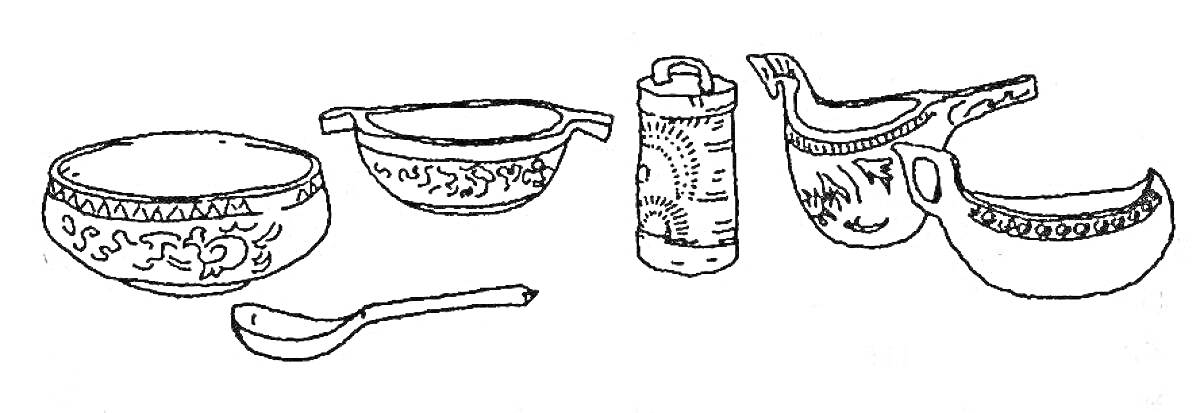 Рисунок с национальными кухонными принадлежностями. Традиционные казахские чаши, ковш, ложка и сулыкы